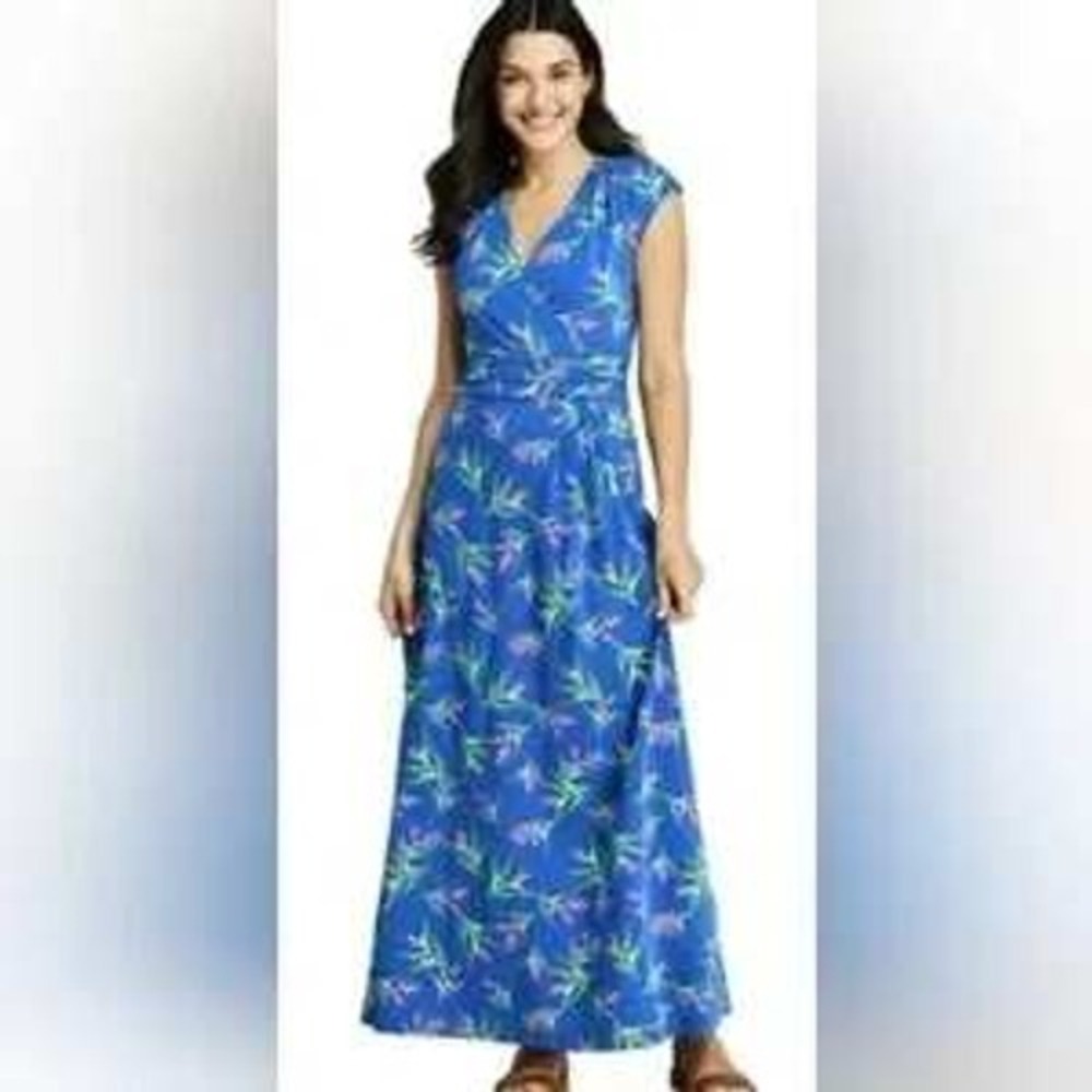 Lands End Womens XL 18 Blue Tropical Floral Maxi Dress Cotton Modal Stretch